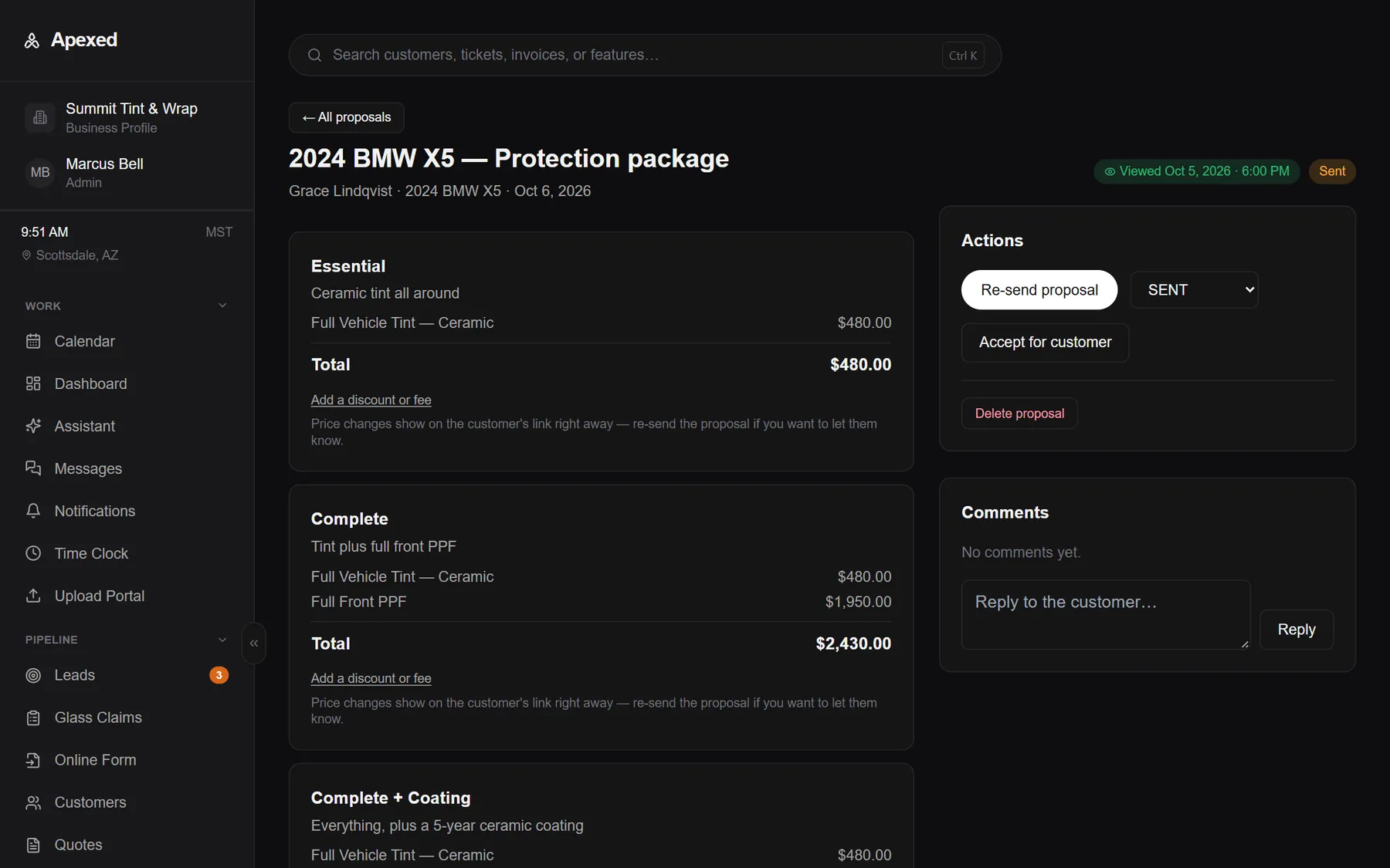 Proposals with packages and deposits: a real Apexed screen