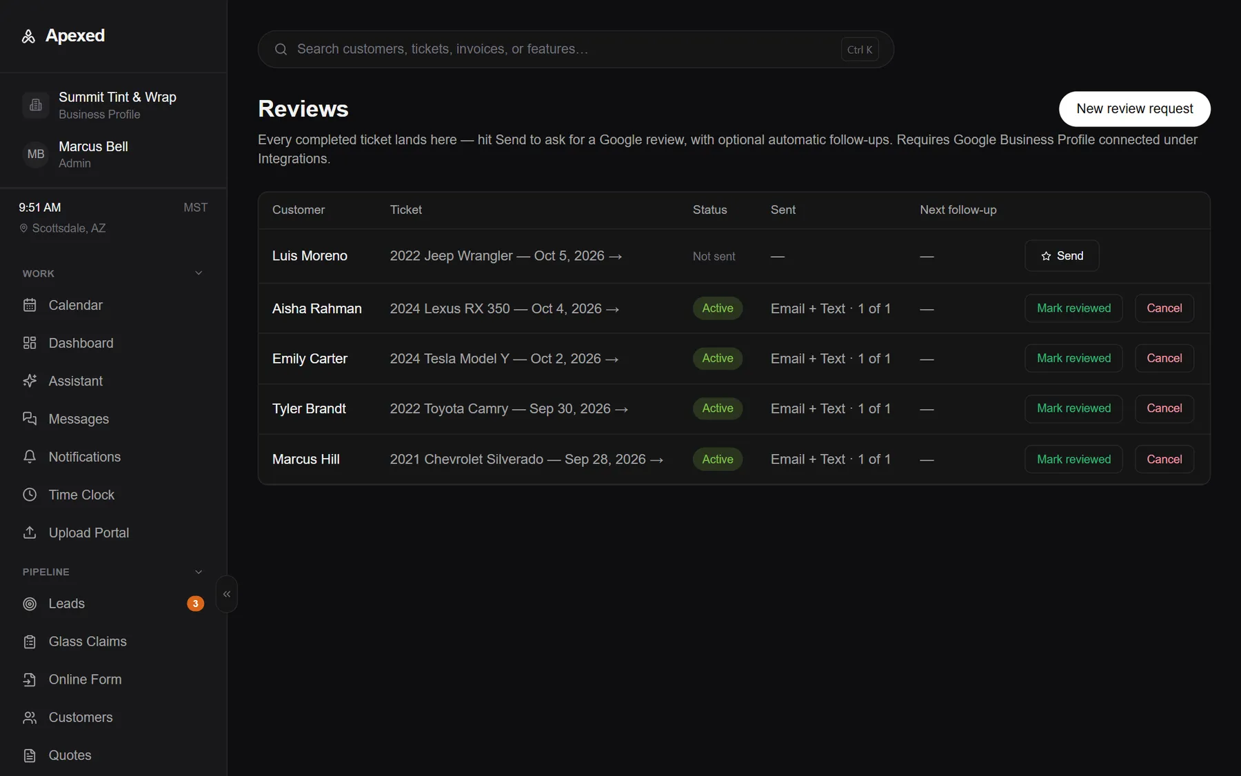Turn finished jobs into reviews: a real Apexed screen